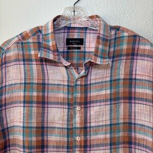 Bugatchi Mens 100% Fine Linen Shaped Fit Shirt 2XL Pink Plaid Button Up Preppy